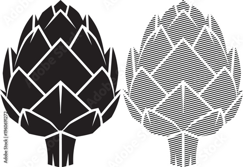 Artistic black and white geometric artichoke illustrations with intricate triangular patterns