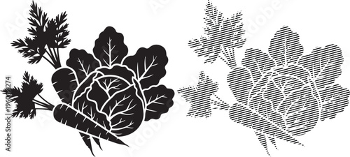 Intricate black and white illustrations of maple leaves and artichoke buds