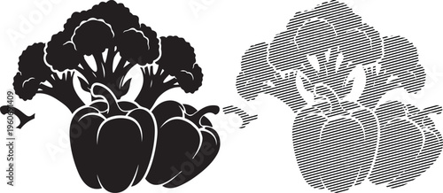 Contrasting artistic depictions of broccoli in black and white and cross-hatched styles