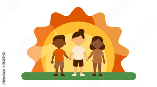Diverse Kids Holding Hands, Sun - Missing Children's Awareness - Flat Vector, Warm Colors - Isolated Illustration
