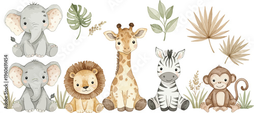 Watercolor illustration of various safari animals and plants on white background