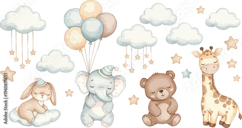 Watercolor nursery animals and decorations with clouds and balloons