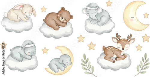 Whimsical illustrations of woodland animals and baby sleeping on clouds with moon and stars