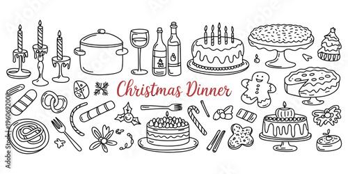 Hand Drawn Christmas Dinner Elements and Festive Treats Keywords: christmas, dinner, holiday, festive, food, celebration, cake