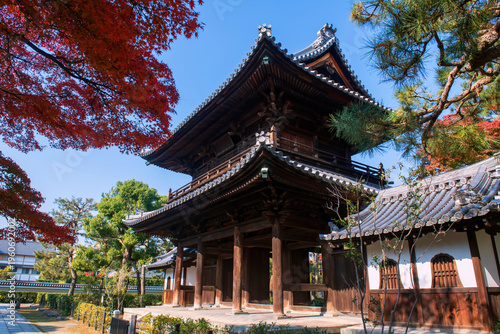 Kenninji Sanmon Gate with colorful autumn leaf garden, Kyoto