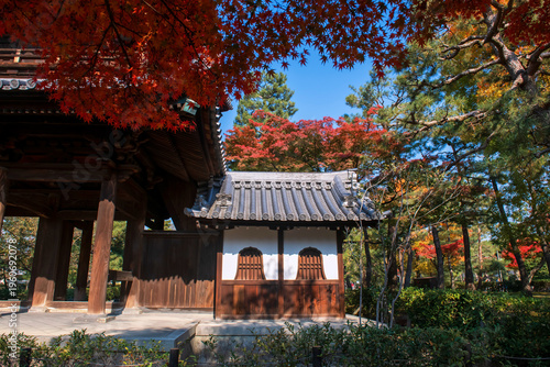 Kenninji Sanmon Triple Gate by red maple leaf tree tunnel, Kyoto
