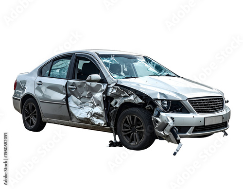 Damaged silver sedan with crumpled side panels and shattered windshield after collision