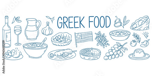 Hand Drawn Greek Food Icons With Greek Flag And Wine Bottle mediterranean cuisine traditional food
