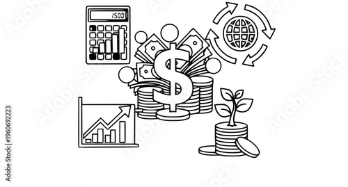 Stock market thin line icon set with trading growth investment calculator and financial analytics symbols