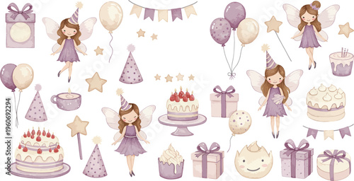 Birthday celebration elements with cartoon girls and party decorations in pastel colors
