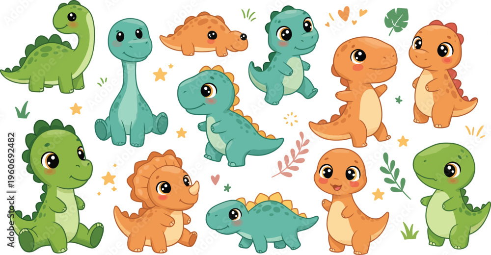 Naklejka premium Collection of cute cartoon dinosaurs in various colors on white background