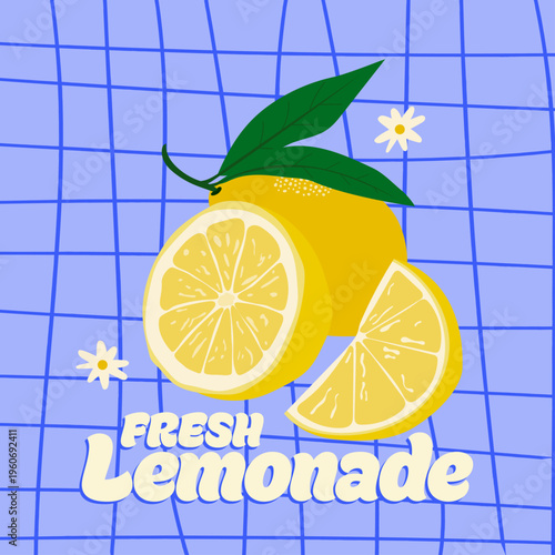 Fresh Lemonade Poster with Lemon Illustration on Blue Grid Background