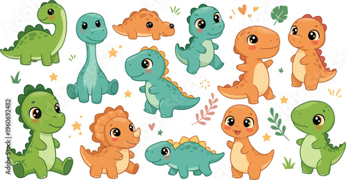 Collection of cute cartoon dinosaurs in various colors on white background