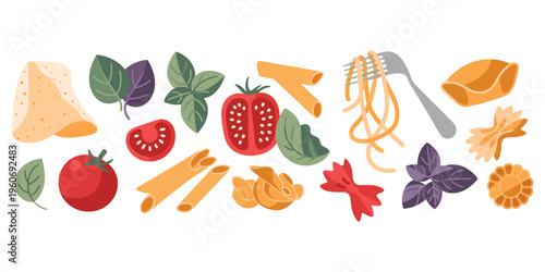 Italian Food Ingredients and Pasta Shapes with Tomatoes and Basil Keywords: food, italian, pasta, ingredients, tomato, basil