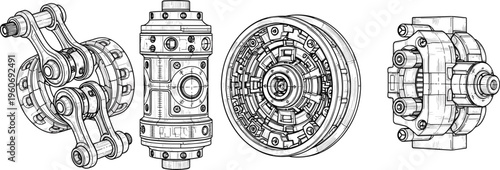 Detailed technical engineering drawings of mechanical components including connecting rod, valve actuator, gear system, and hydraulic pump for industrial machinery design and manufacturing