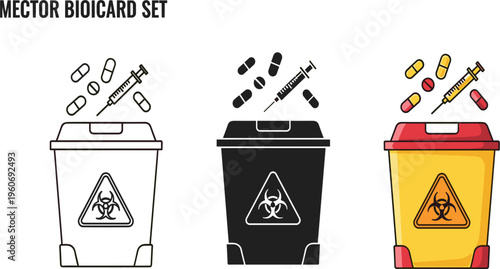 Medical Biohazard Waste Container Icon Set with Syringes and Pills for Healthcare Safety, Hospital Disposal, Infection Control and Biomedical Waste Management