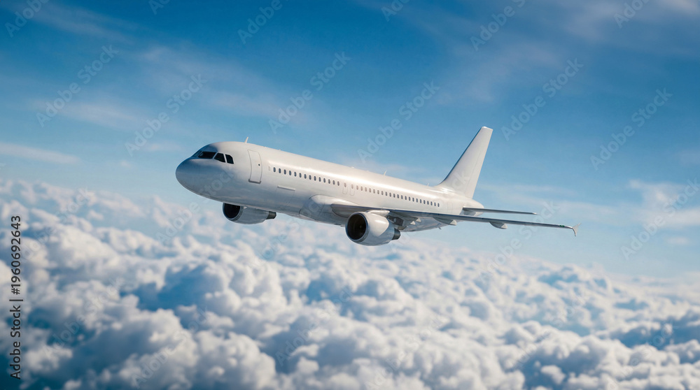 Obraz premium White airplane commercial jet plane Airbus A320 flying above clouds under blue sky scenic aerial view travel passenger transport aircraft aviation industry airline flight vacation holiday trip