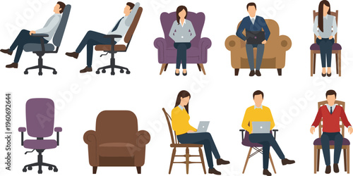 Illustration of diverse individuals seated in various chairs with laptops and empty chair designs, highlighting ergonomics, seating posture, furniture styles, and modern workplace concepts
