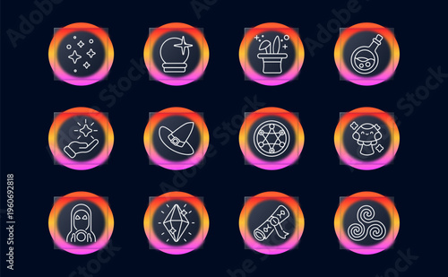 Magic fantasy symbols set icon. Linear mystical wizard collection with sparkles stars, crystal ball, magician hat rabbit, potion flask, magic hand glow, witch hat, occult circle, spell scroll