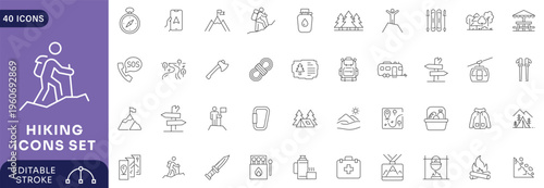 Hiking icons set. Contain icons related to Hiking, adventure, outdoor, mountain, nature, camping Etc. Outline Icon Collection. Editable stroke.