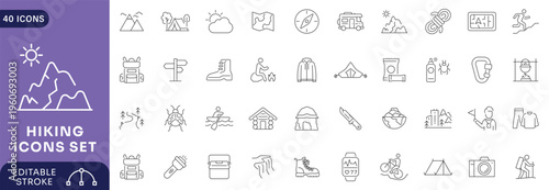 Hiking icons set. Contain icons related to Hiking, adventure, outdoor, mountain, nature, camping Etc. Outline Icon Collection. Editable stroke.
