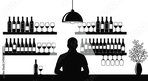 Minimalist black and white silhouette illustration of bar counter scene with person, wine bottles, glasses, shelves, lamp, and decorative vase for interior design