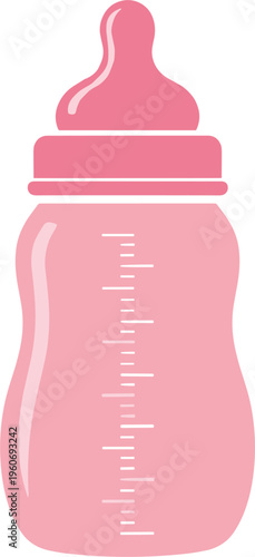 Pink baby bottle with nipple top and measurement markings, curvy ergonomic shape for easy grip, designed for infant feeding, parenting, childcare, and product design concept