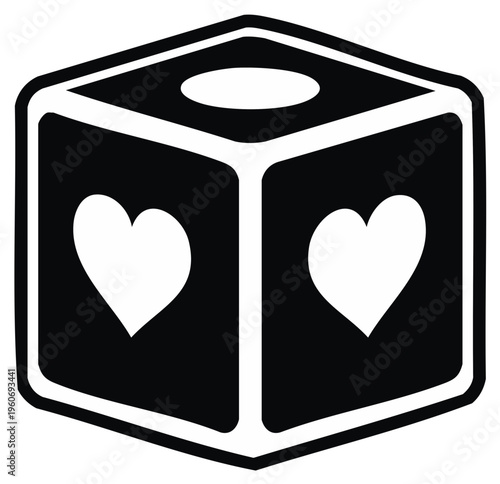 Stylized love dice icon featuring heart shapes and a circle for romance and chance games