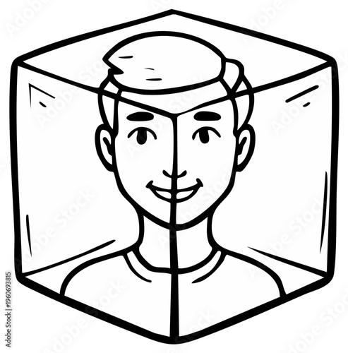 Man's face contained within a three dimensional cube outline drawing
