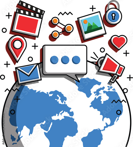 Social media and reaction icon set with emojis,likes,hearts and symbols collection with communication camera and global network elements Perfect for digital marketing, communication.