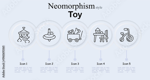 Toy set icon. Hanging baby mobile with stars moon clouds, spinning top toy, wagon cart with stuffed animals, kids table with chair blocks, children balance bicycle