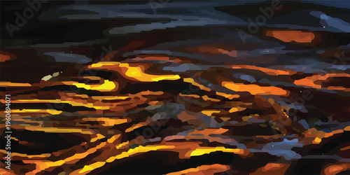 A dangerous blaze of orange and red flames burns through the forest wood and fireplace coal, casting a warm light and hot embers against the dark night