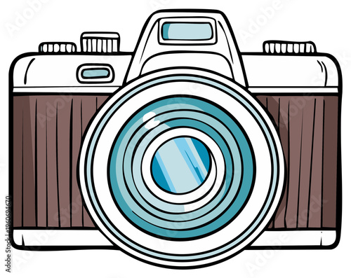 Retro analogue camera with a large lens and wooden accents for photography and vintage aesthetics