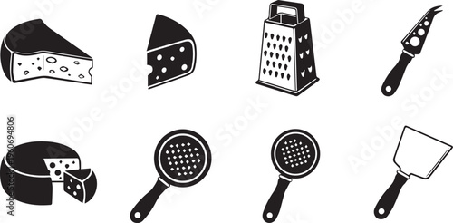 Cheese and Kitchen Tools Vector Icon Set: Grater, Knife, and Gourmet Wedges