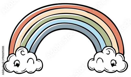 Cartoon rainbow with clouds. Pastel colored illustration on white.
