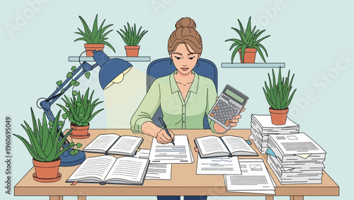 Woman working at desk with plants, calculator, and papers