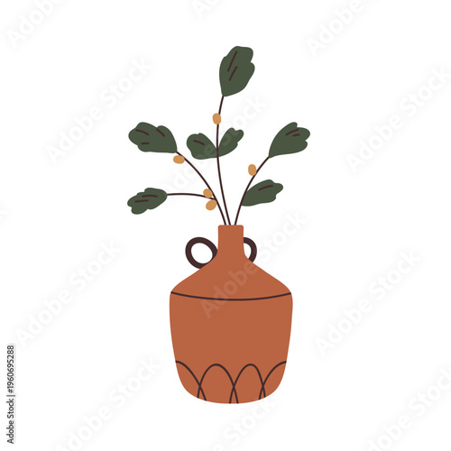 Leaf branch in vase. Plant decoration in ceramic pot. Natural decorative greenery for modern home interior. Botanical floral decor with leaves. Flat vector illustration isolated on white background
