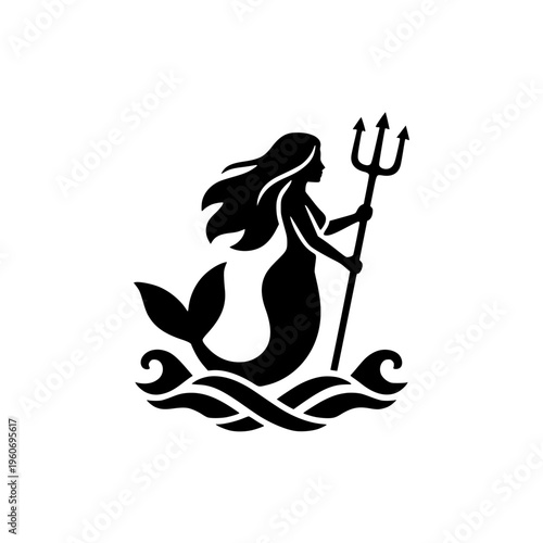 Mermaid silhouette holding trident on sea waves vector illustration.