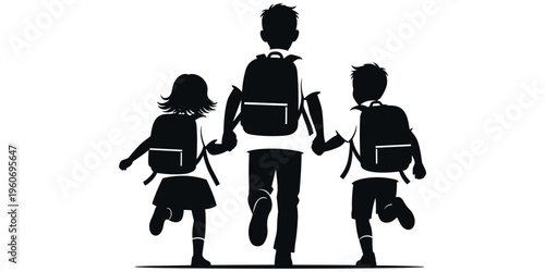 Children walking silhouette, holding hands, school backpacks, friendship concept, education theme, youthful energy, black vector artwork, family and community design