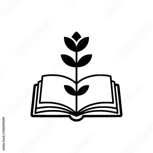 vector illustration of an open book with a plant or flower growing from the center.