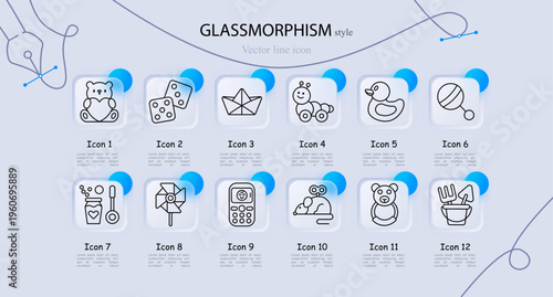 Kids toys set icon. Teddy bear heart, dice game, paper boat, caterpillar toy, rubber duck, yo yo ball, bubble wand, pinwheel spinner, toy phone, windup mouse, inflatable ring bear