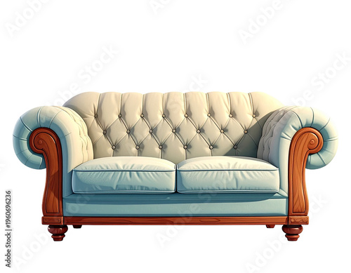 Cartoon chesterfield sofa with tufted backrest and wooden accents