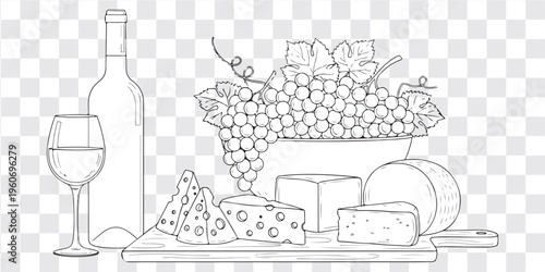Cheese Wine Grapes Still Life Illustration Vector Line Art Food Pairing