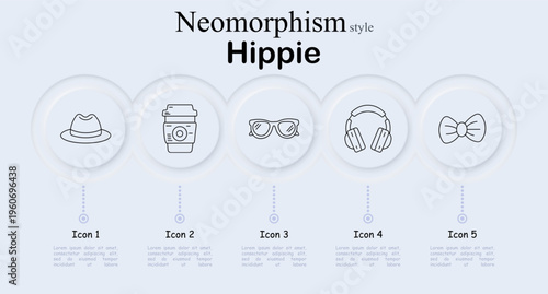 Hippie lifestyle set icon. Vintage hat, takeaway coffee cup, retro sunglasses, music headphones, bow tie accessory, bohemian fashion, urban style, creative culture, casual freedom.