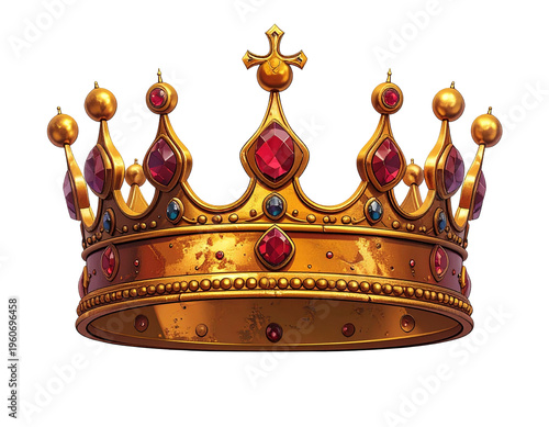 Cartoon gold crown encrusted with red and blue jewels, detailed jeweled royal headpiece