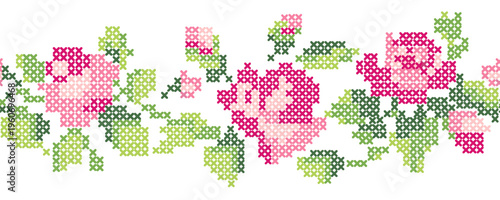 Seamless Cross Stitch Floral Border Vector Pink Rose Embroidery Lace Pattern Cottagecore Vintage Ornament
