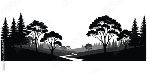 Forest landscape silhouette, river stream, rolling hills, coniferous trees, deciduous woodland, layered depth, tranquil nature scene, black and white vector artwork