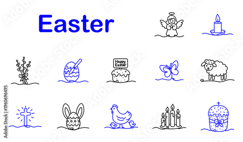 Easter holiday set icon. Line style icons display angel figure, candle flame, branch leaves, painted egg, easter cake, butterfly, lamb animal, cross symbol, bunny egg, chicken chicks