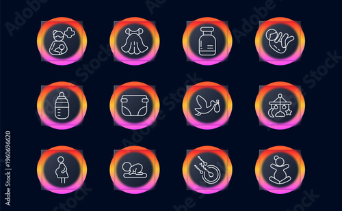 Baby care newborn parenting set icon. Line symbols with mother holding infant, pacifier, milk bottle, diaper, stork baby delivery, crib mobile toys, crawling baby, pregnant woman, sleeping infant