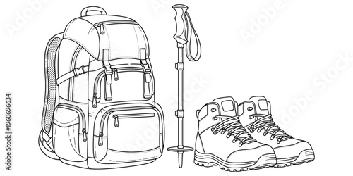Hiking gear illustration, backpack, trekking pole, hiking boots, outdoor equipment, adventure tools, camping essentials, travel gear, black and white vector
